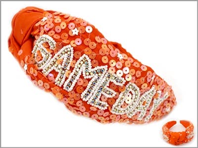 Orange Sequin Headband with White Rhinestone Game Day
