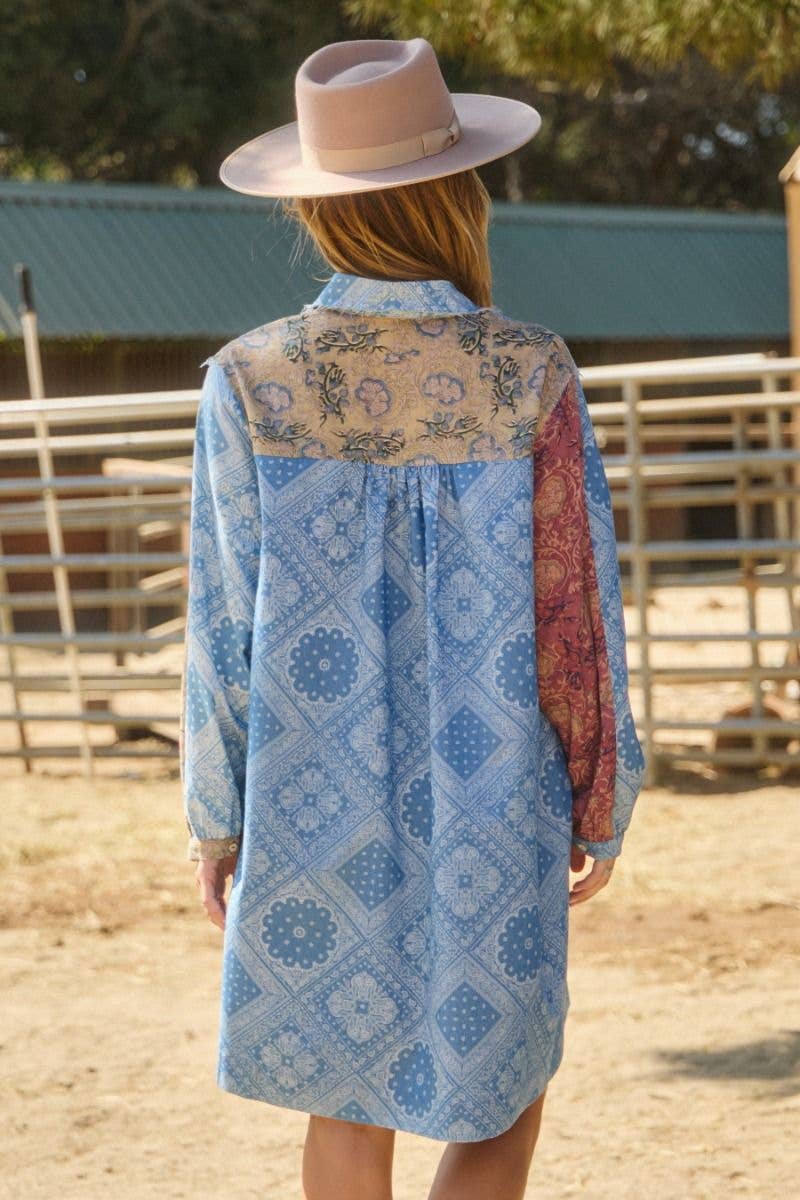 Patch Work Raw Edge Seam Shirt Dress: Blue Multi