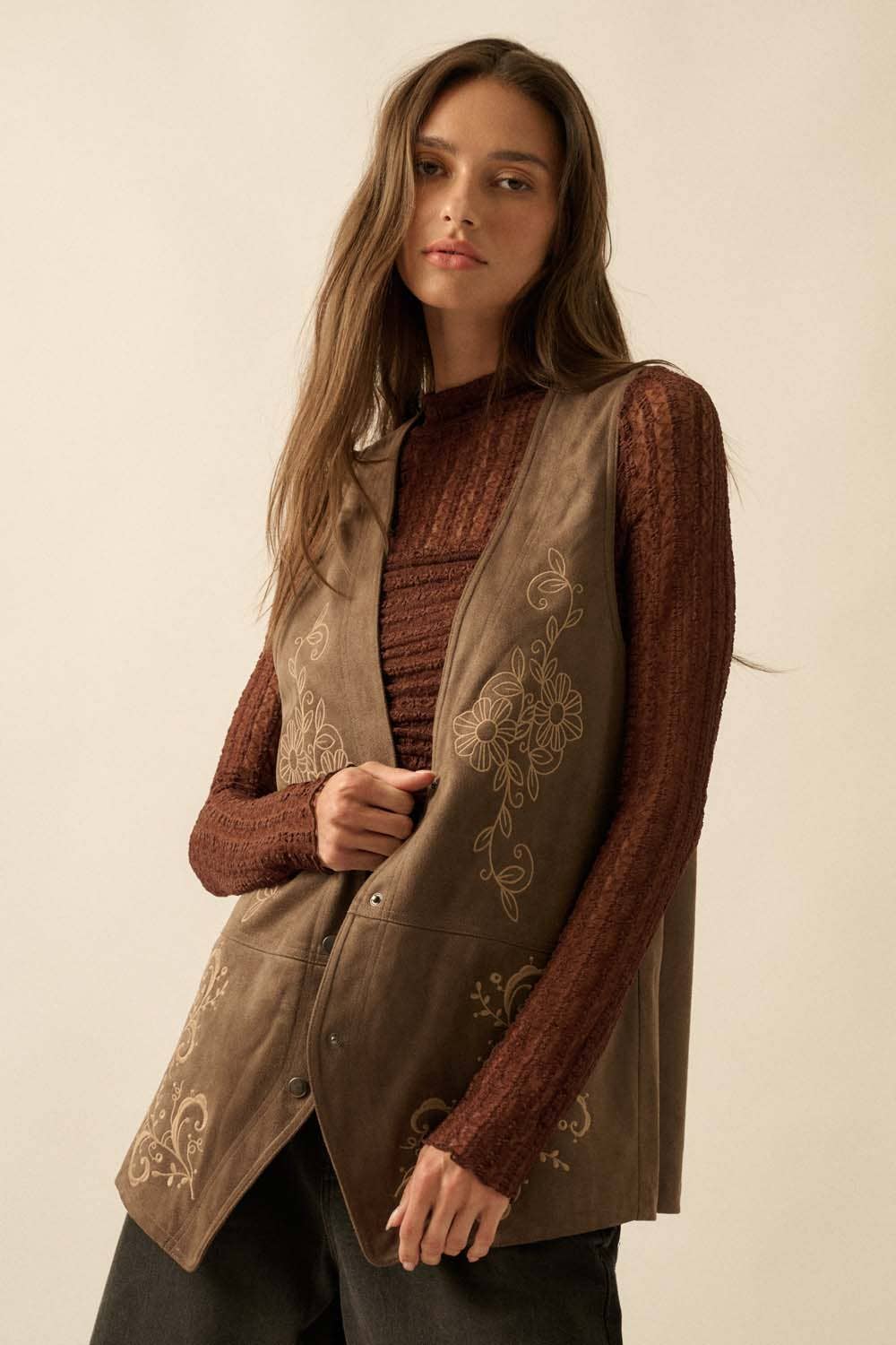 Floral-Embroidered Faux Suede Snap-Front Vest