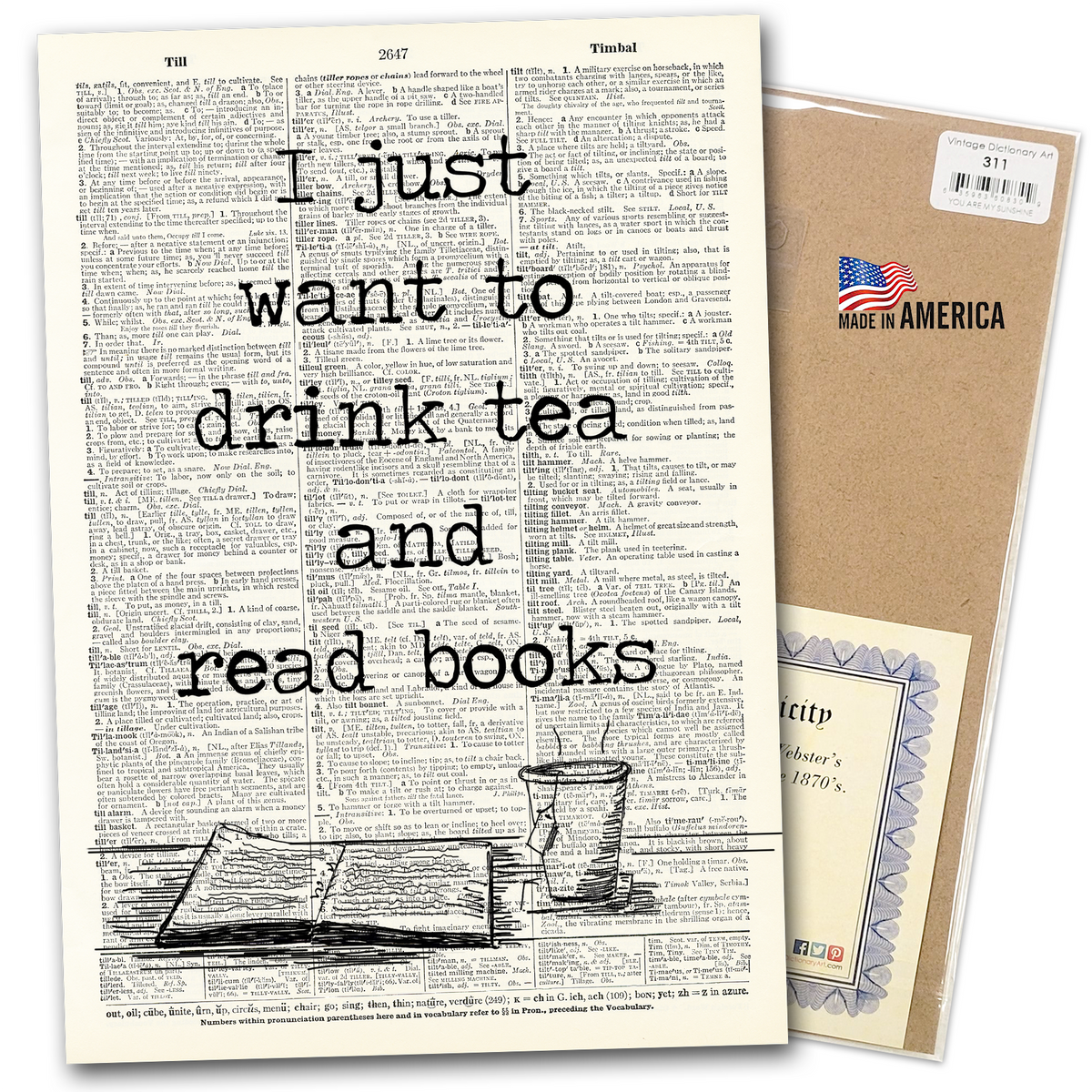 Vintage Art Dictionary Page - I just want to drink tea
