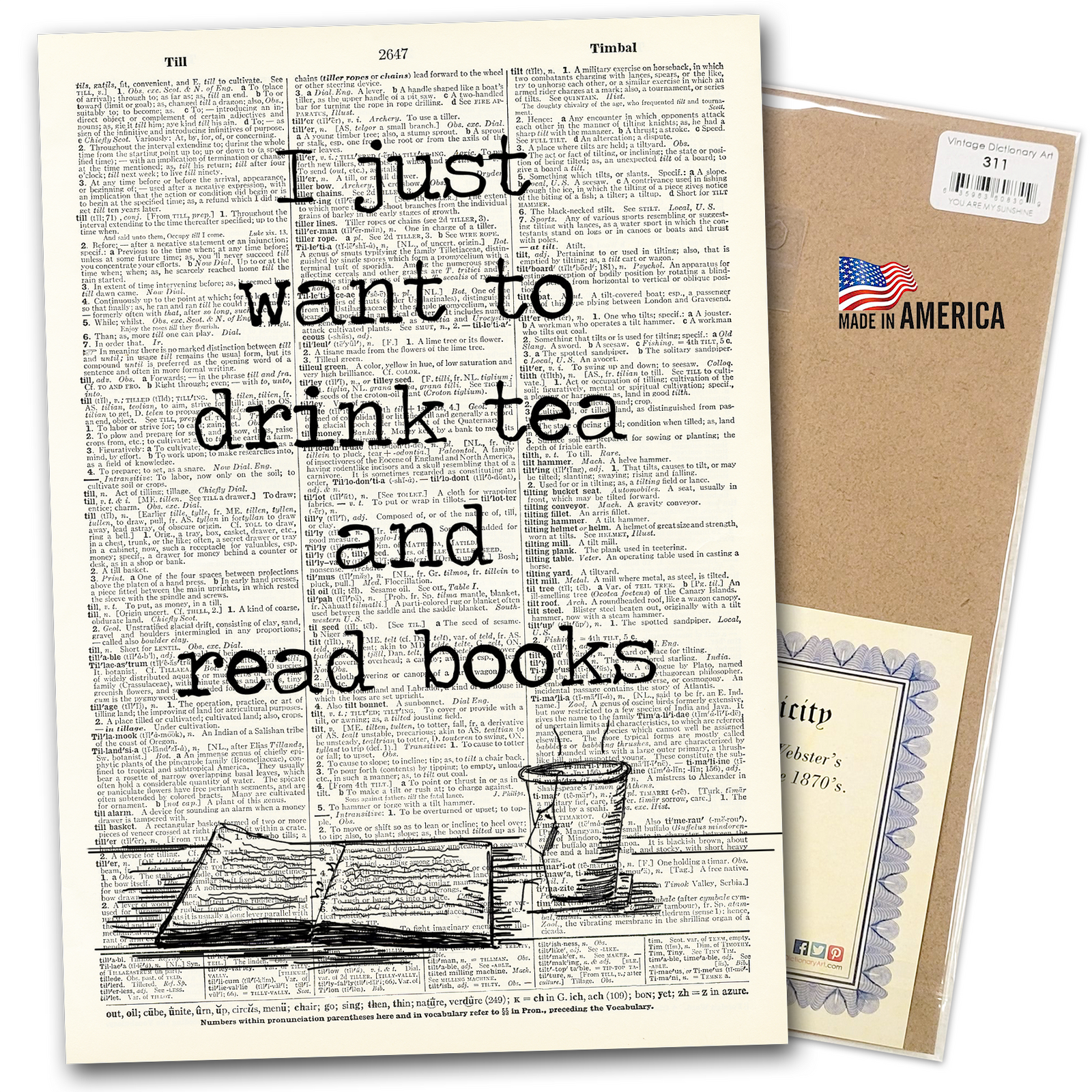Vintage Art Dictionary Page - I just want to drink tea