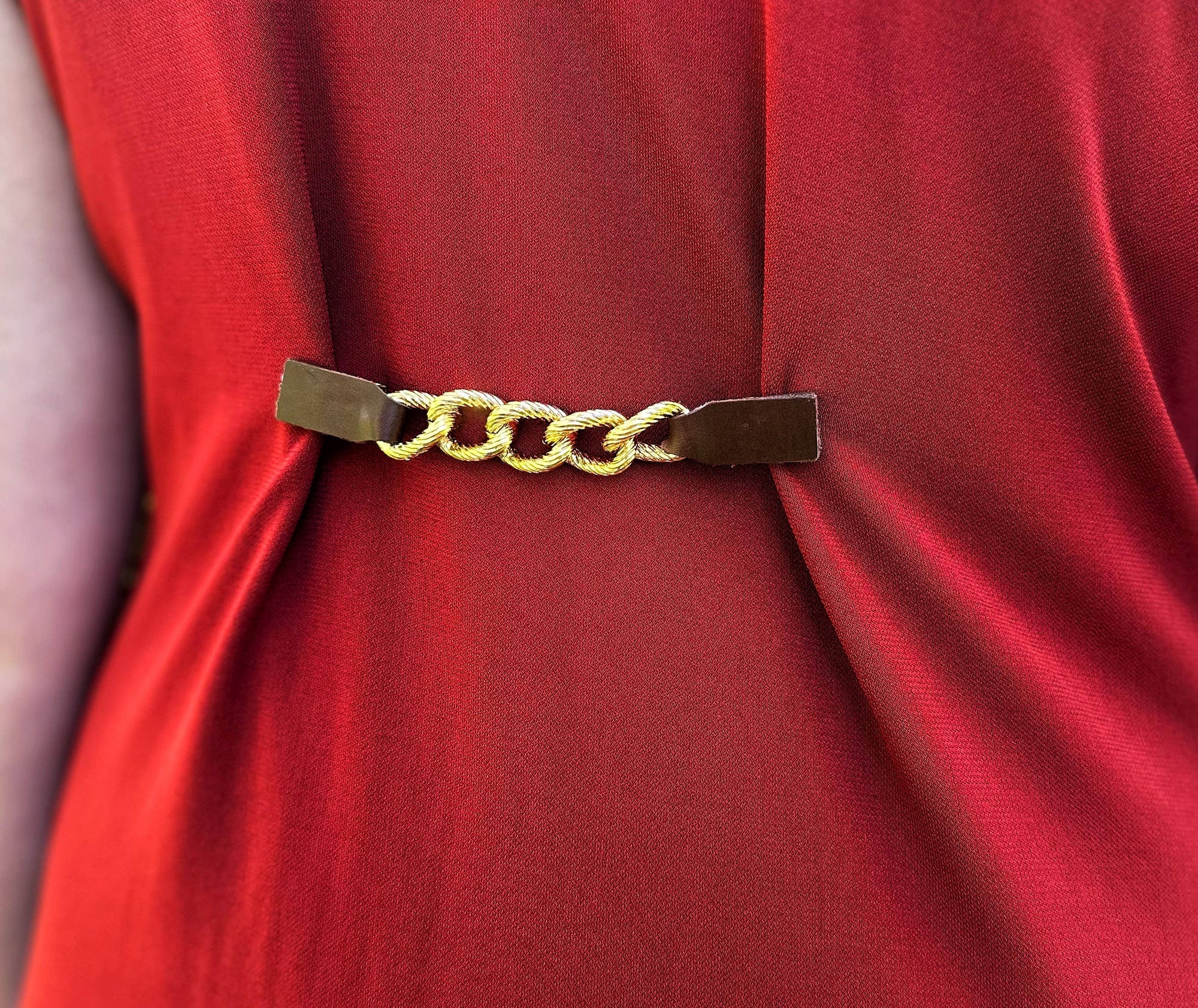 Gold Chain & Brown Leather Dress & Cardigan Cinch Clip
