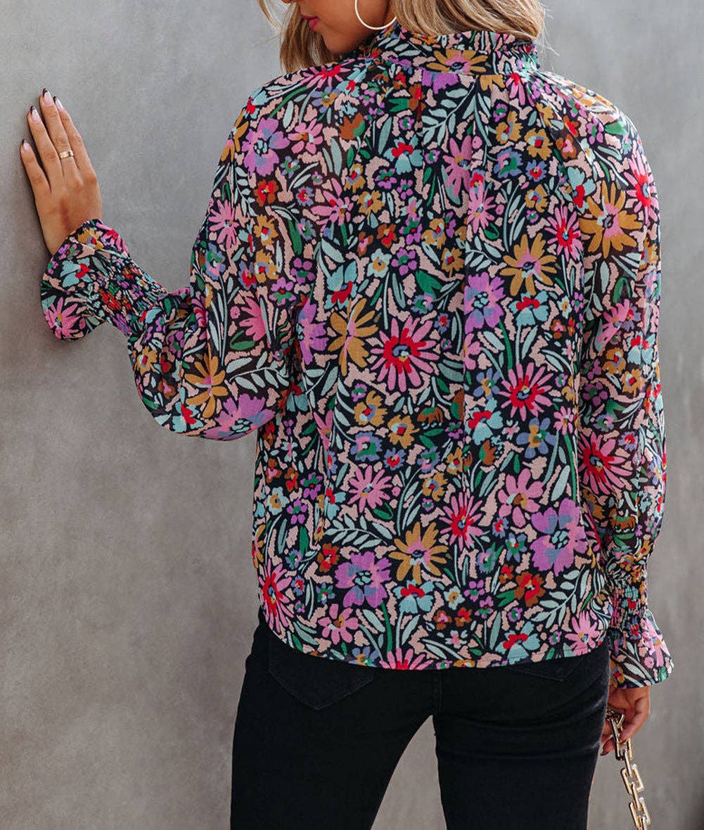 Floral Print Ruffled Long Sleeve V-Neck Blouse: Multicolor