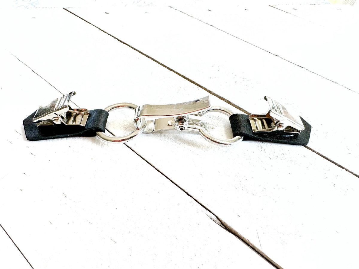 Silver Buckle &amp; Black Leather Cinch Clip for Dress, Cardigan