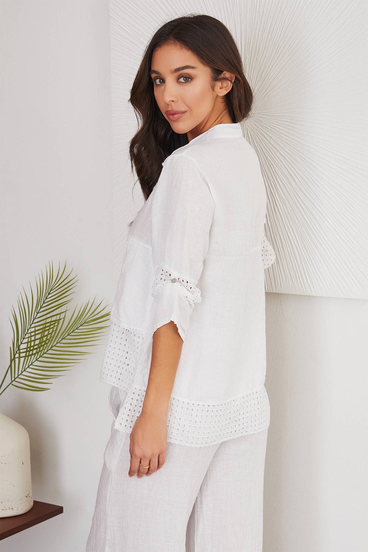 Eyelet Contrast Layered Button Down Top: White