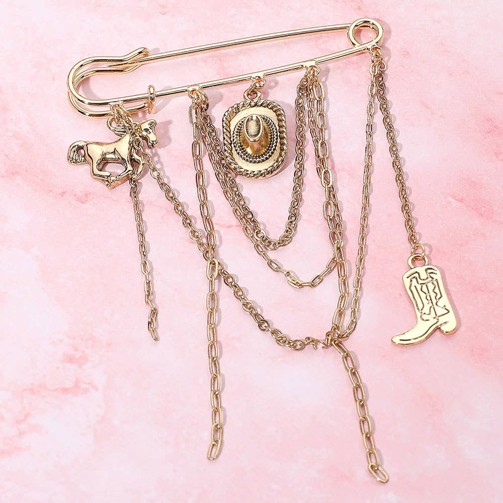 Antique Metal Western Cowboy Hat Boot Horse Charm Dangle Accent Safety Pin Brooch