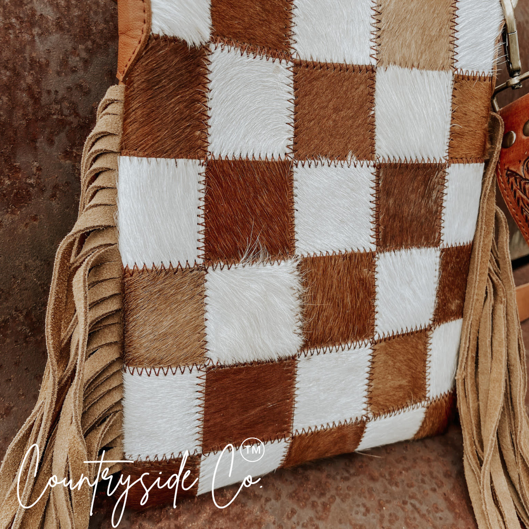 Stockdale Checkered Cowhide Fringe Purse, Brown &amp; White