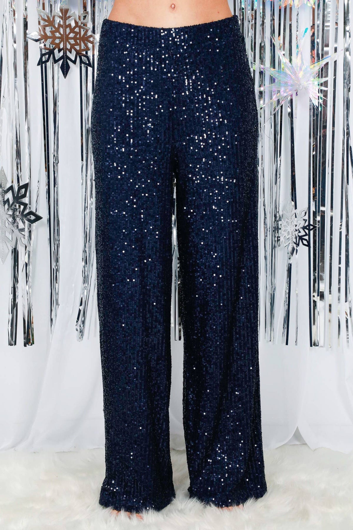Sequined Straight Wide-Leg Pants Black