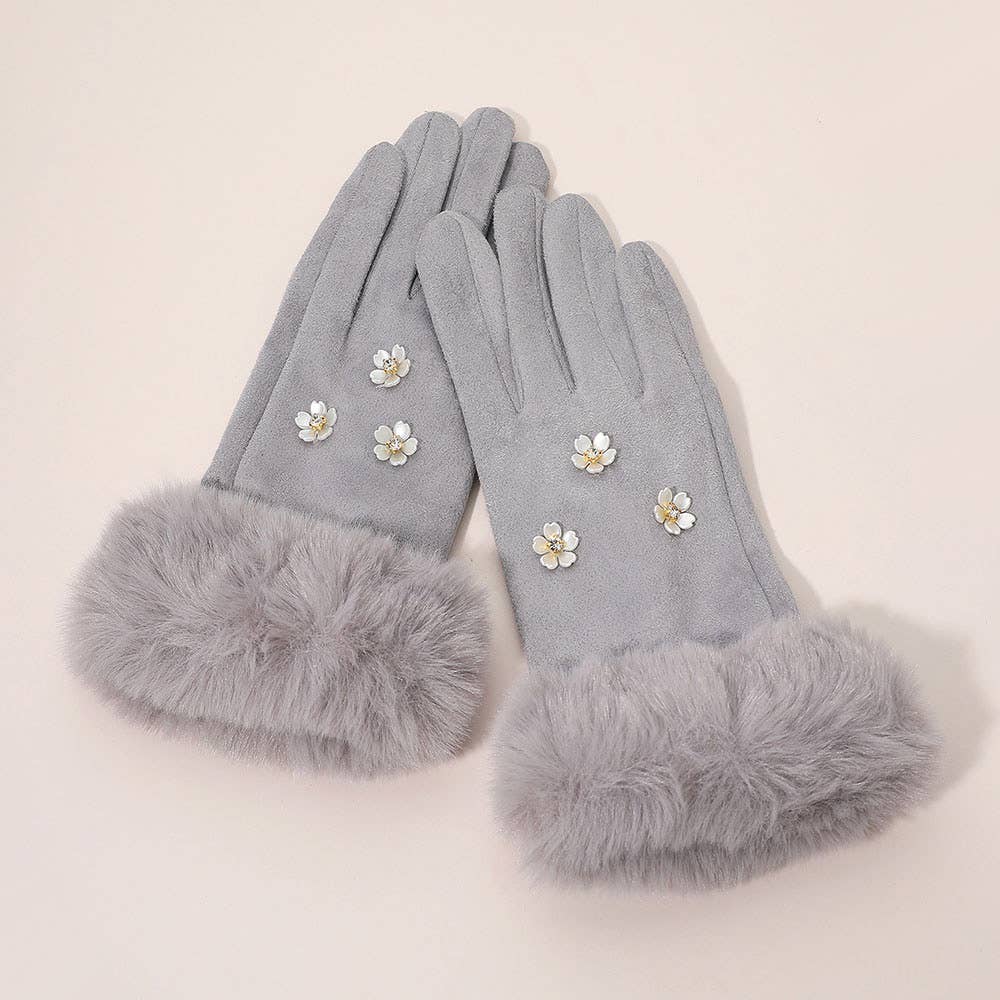 Rhinestone Flower Embellished Faux Fur Cuff Smart Touch Winter Gloves