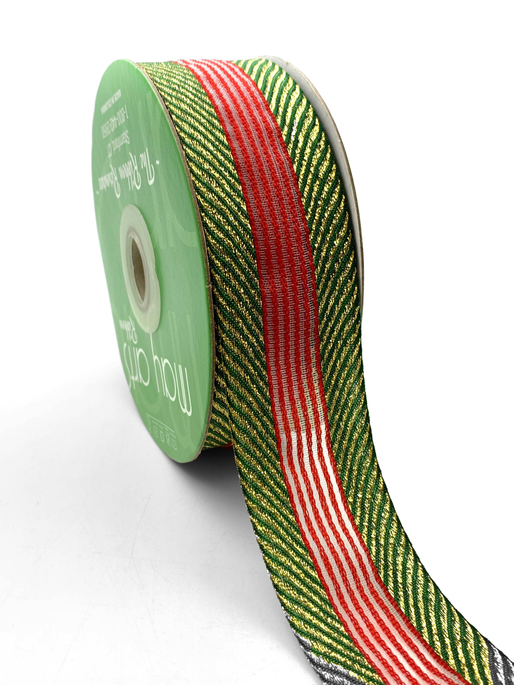 ~1.5" Green/Gold Herringbone with Red Center Stripes Ribbon