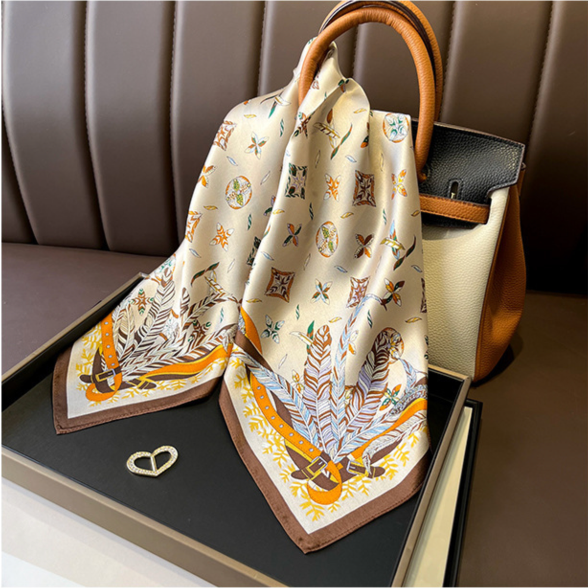 Vintage Print Faux Silk Square Scarf Headscarf Neck Scarf