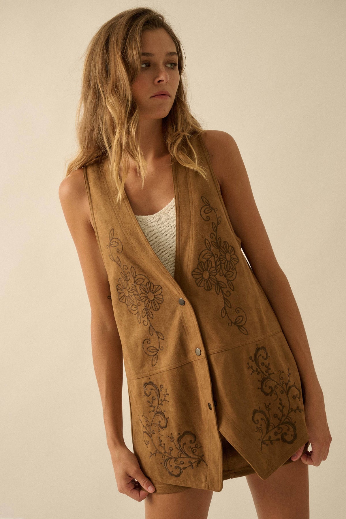 Floral-Embroidered Faux Suede Snap-Front Vest