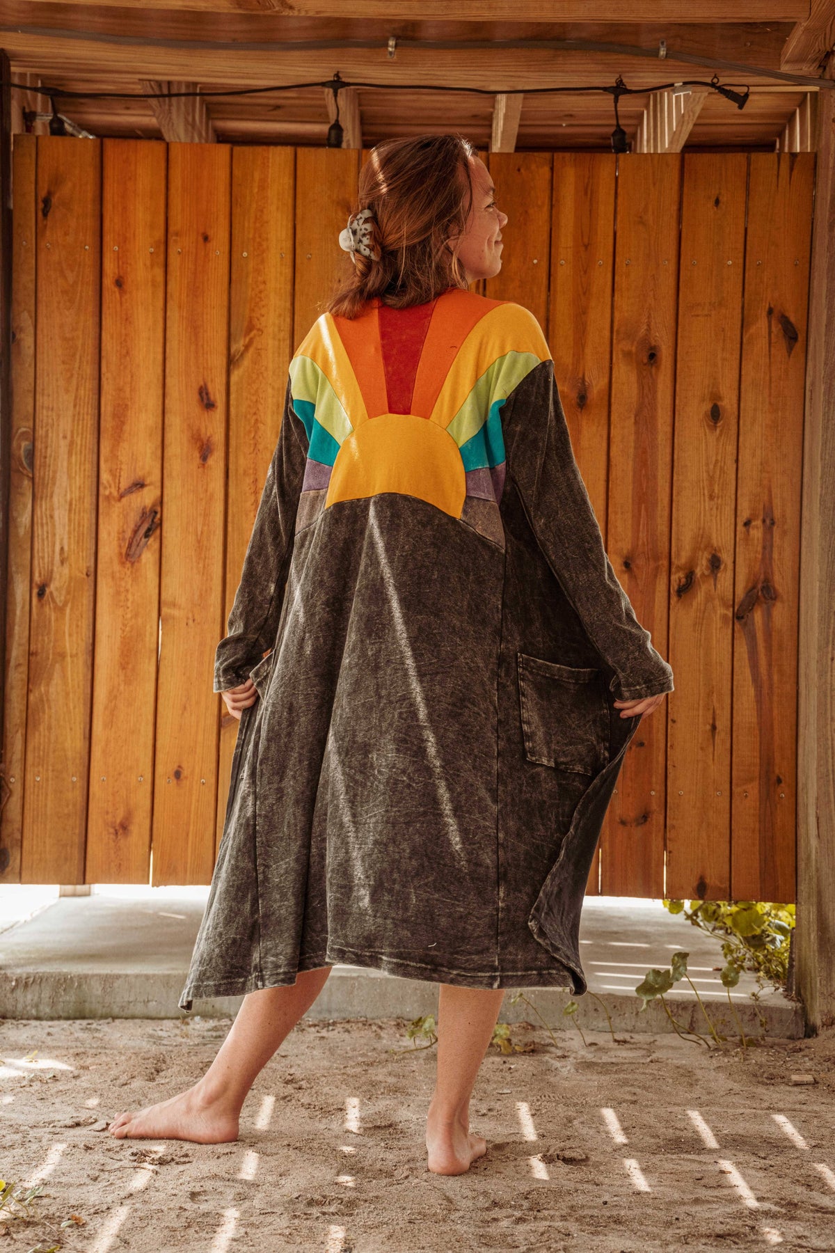 Sun Ray Cardigan, Cotton Earthy Hippie Boho Style Duster: Black / Mixed color on back