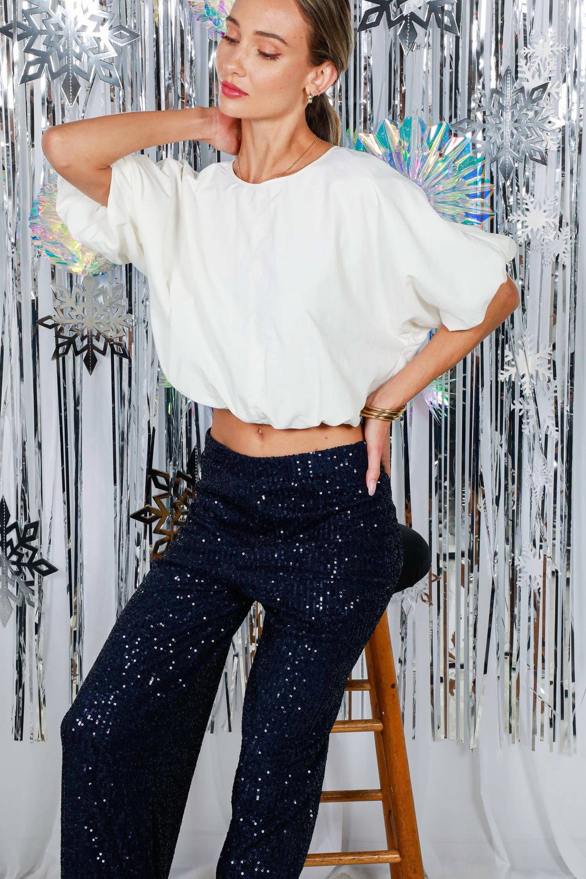 Sequined Straight Wide-Leg Pants Black