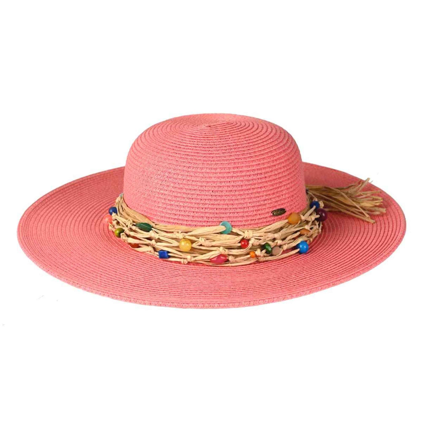 Colorful Bead Trim Wide Brim Hat