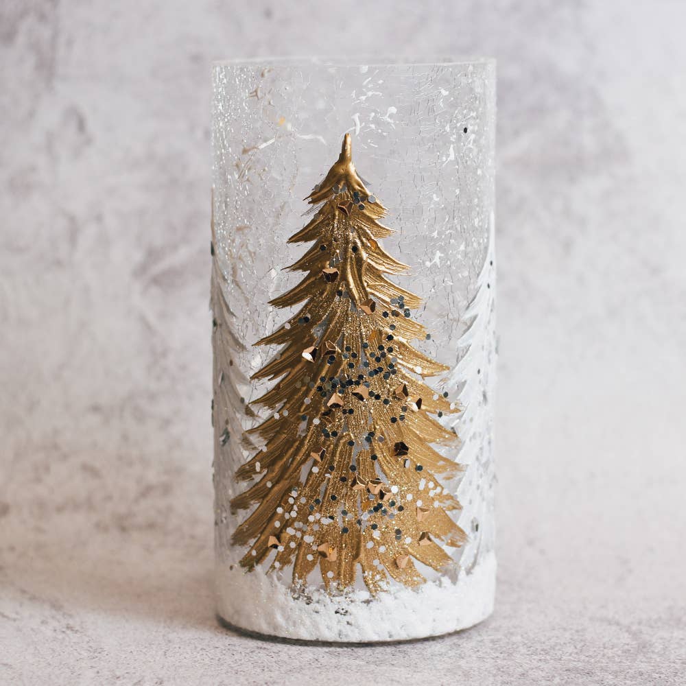 Gold Tree Glass Pillar with LED String Lights — Christmas, Holiday Decorations