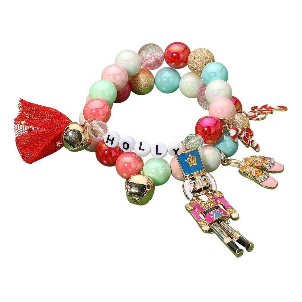 2PCS - HOLLY Nutcracker Holiday Charm Bow Beaded Stretch Multi Layered Bracelets