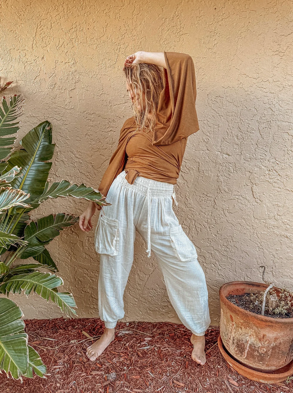 Organic Cotton Bamboo Beachy Boho Joggers, Hippie Pants: White Undyed