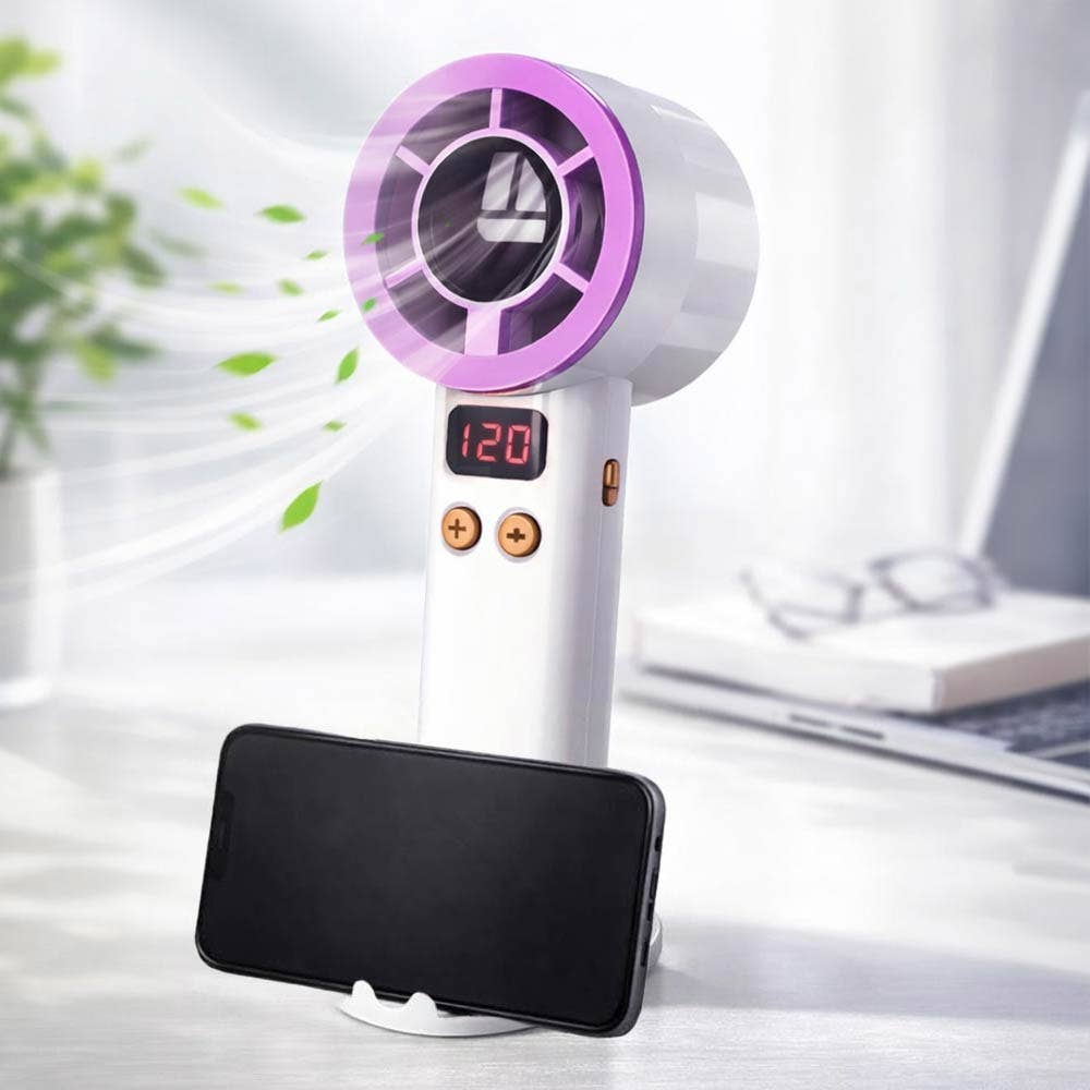 Light Up Digital Display Adjustable Speed Phone Stand Portable Handheld Mini Fan