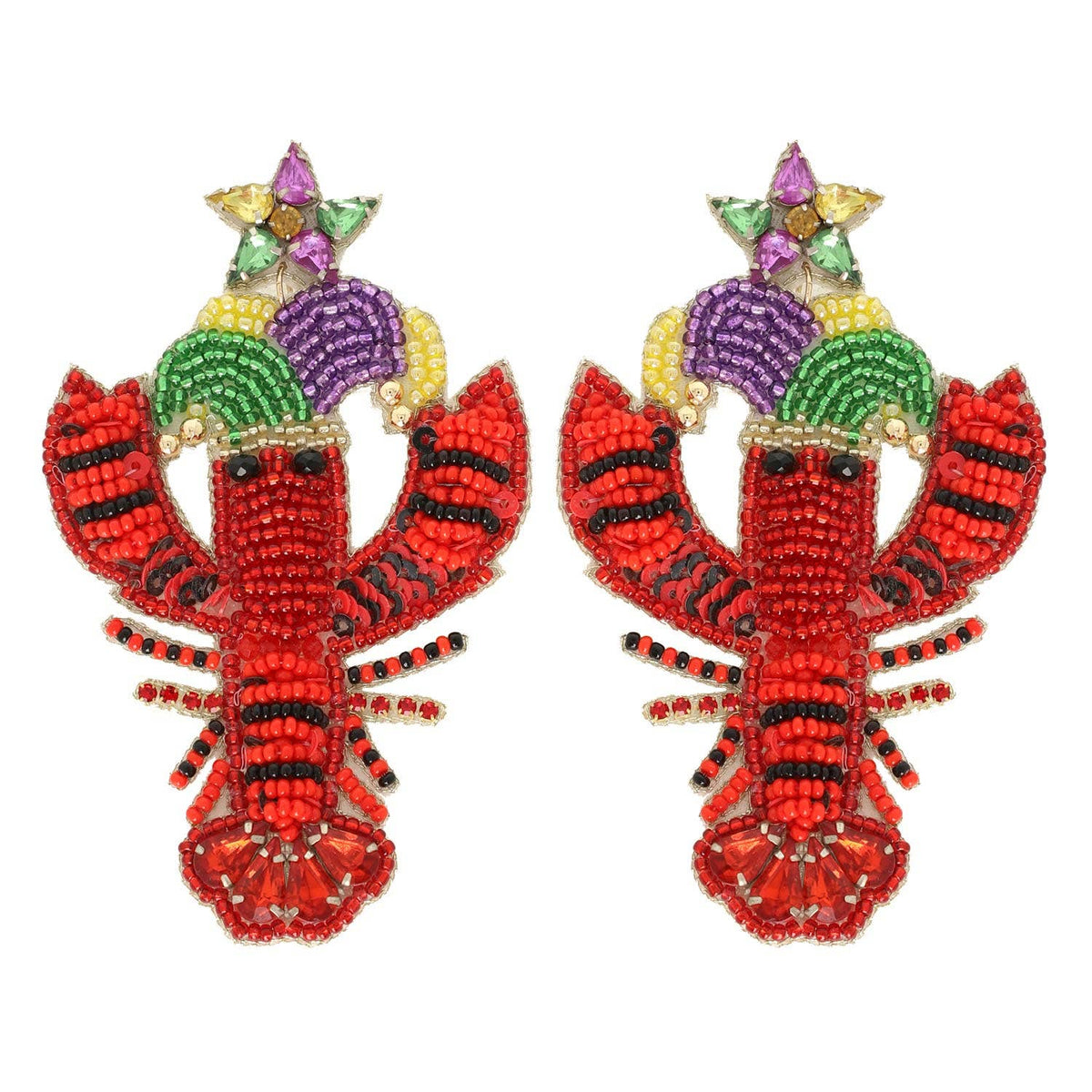 Mardi Gras Red Crawfish Gemstone Beaded Earrings