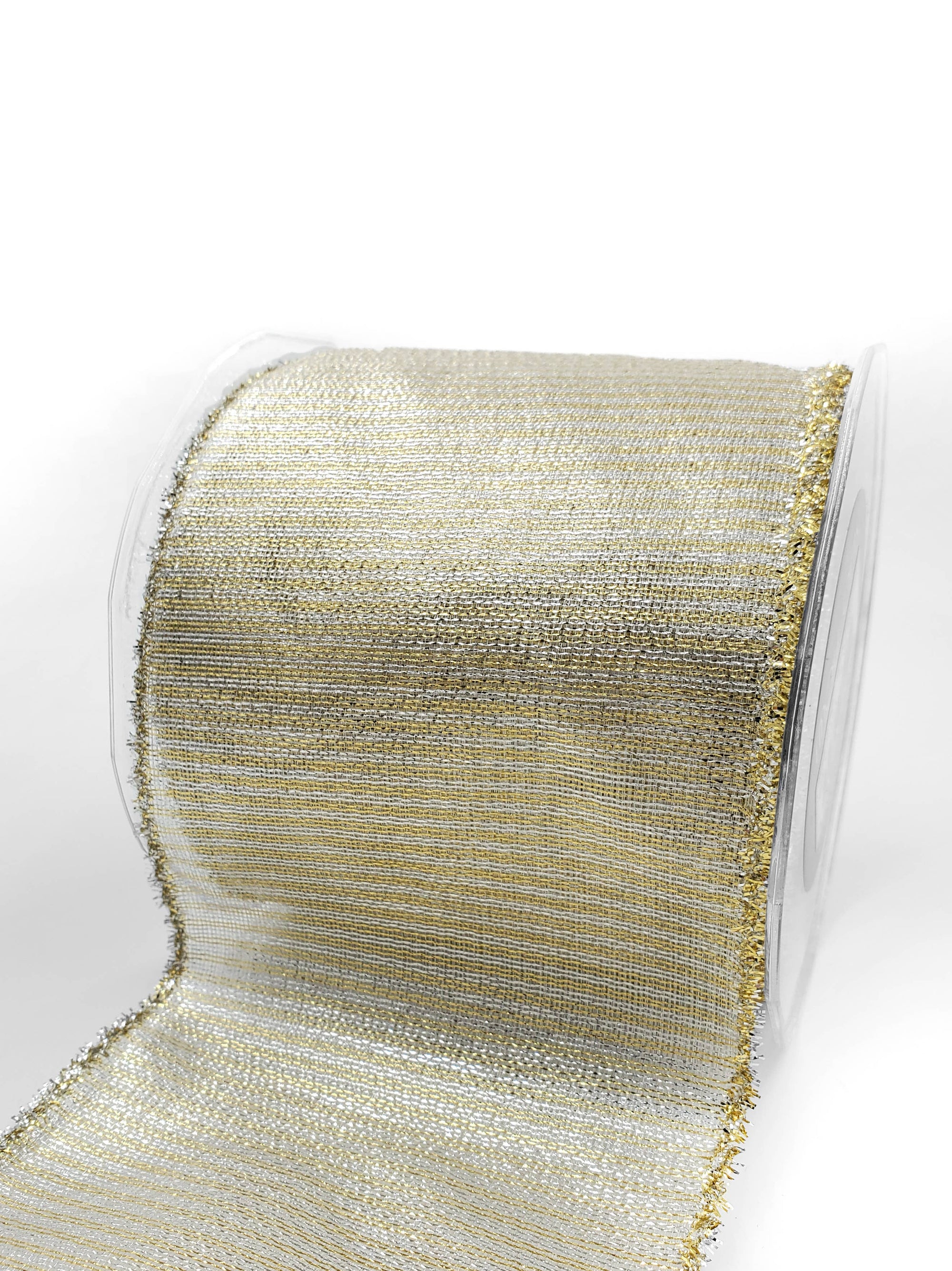 Silver & Gold Wired Metallic Striped Ribbon with Tinsel Edge: 1.5"