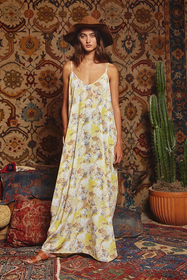 Tie Dye Print Flowing Maxi Slip Dress: YELLOW MULTI