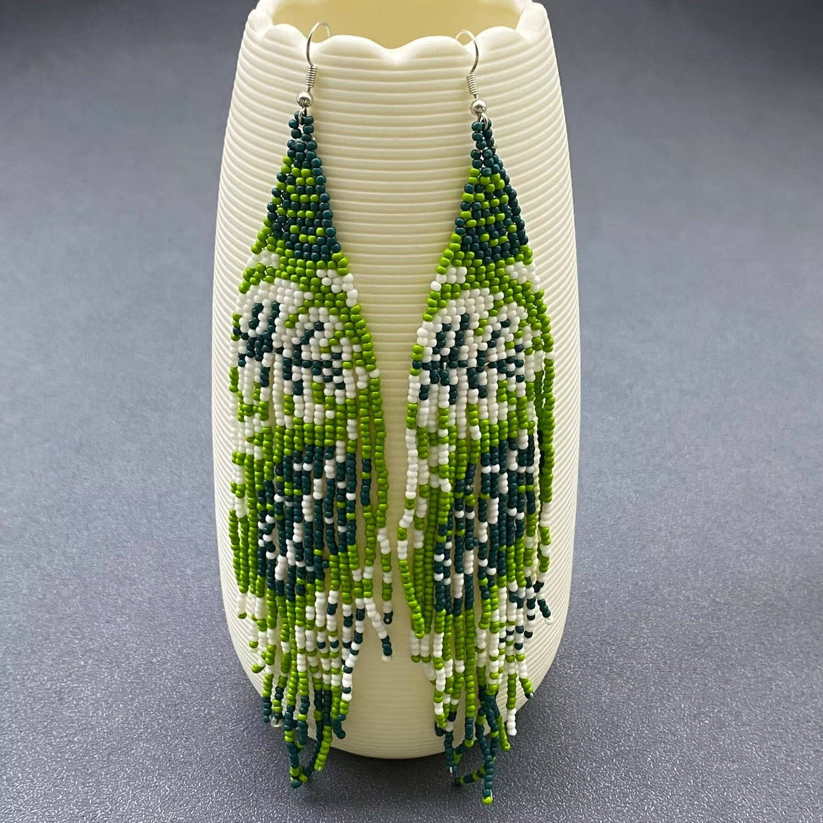 Green Tone Plant Seed Beads Long Fringe Earrings - SB