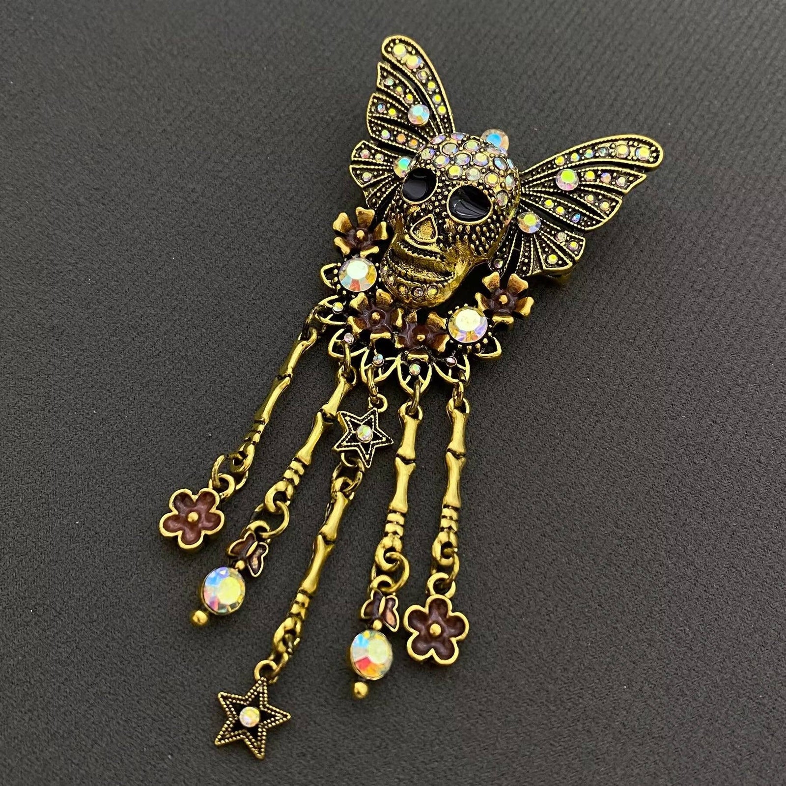 Vintage Rhinestone Inlaid Skull Butterfly Brooch