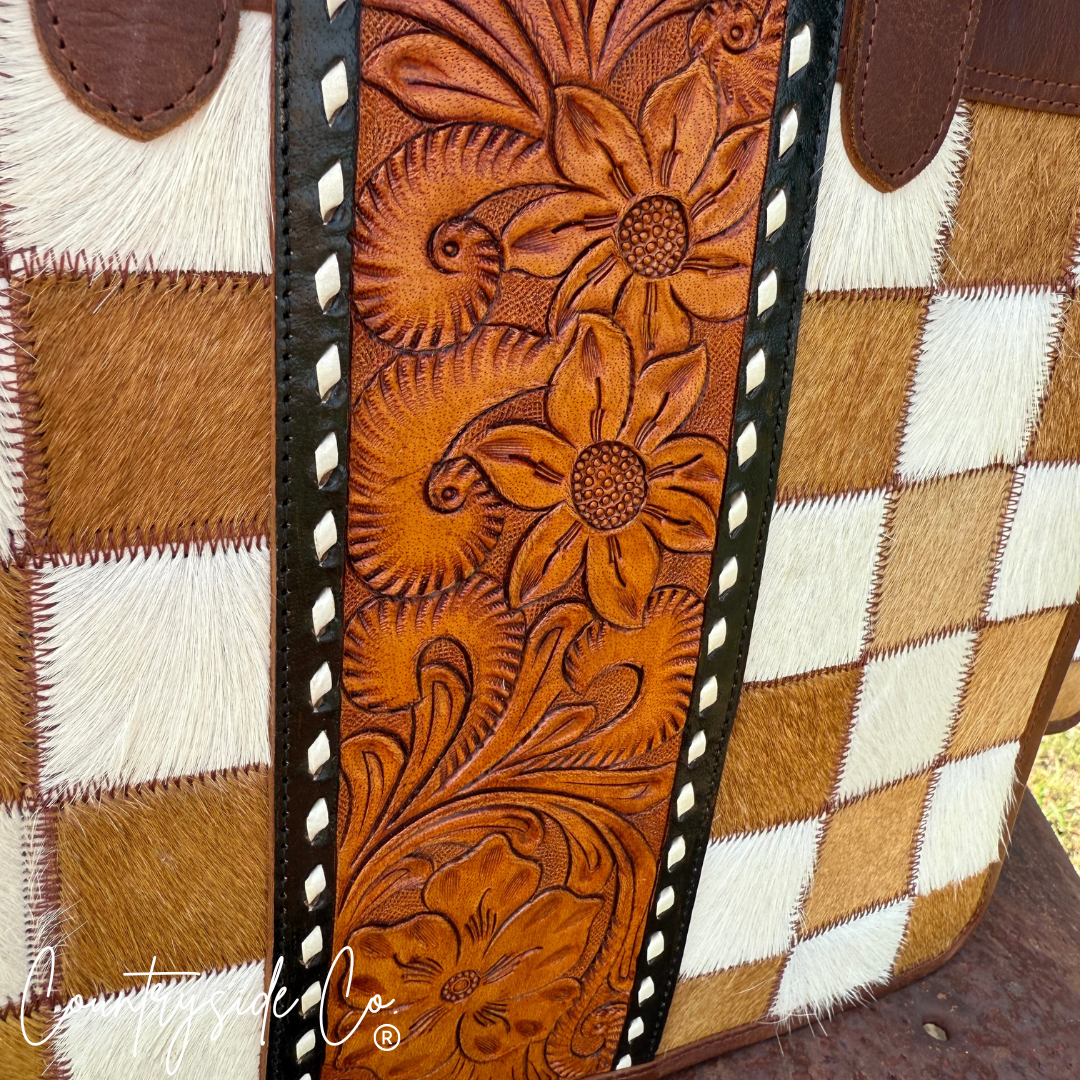 Virginia Cowhide Checkered Tote Handbag, Rust Tone Leather