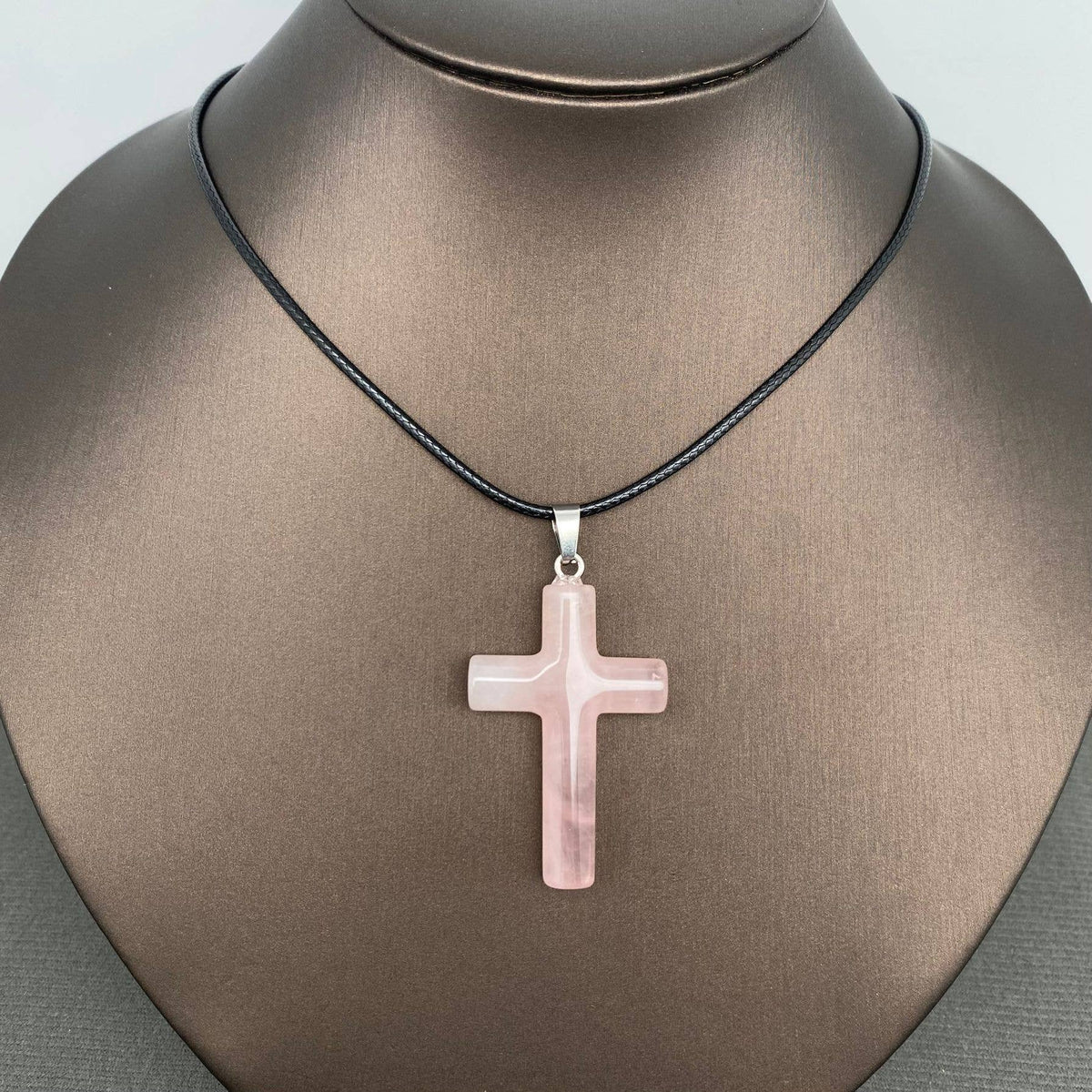 Stone Cross Charm Black Waxed Cord Necklace - CS