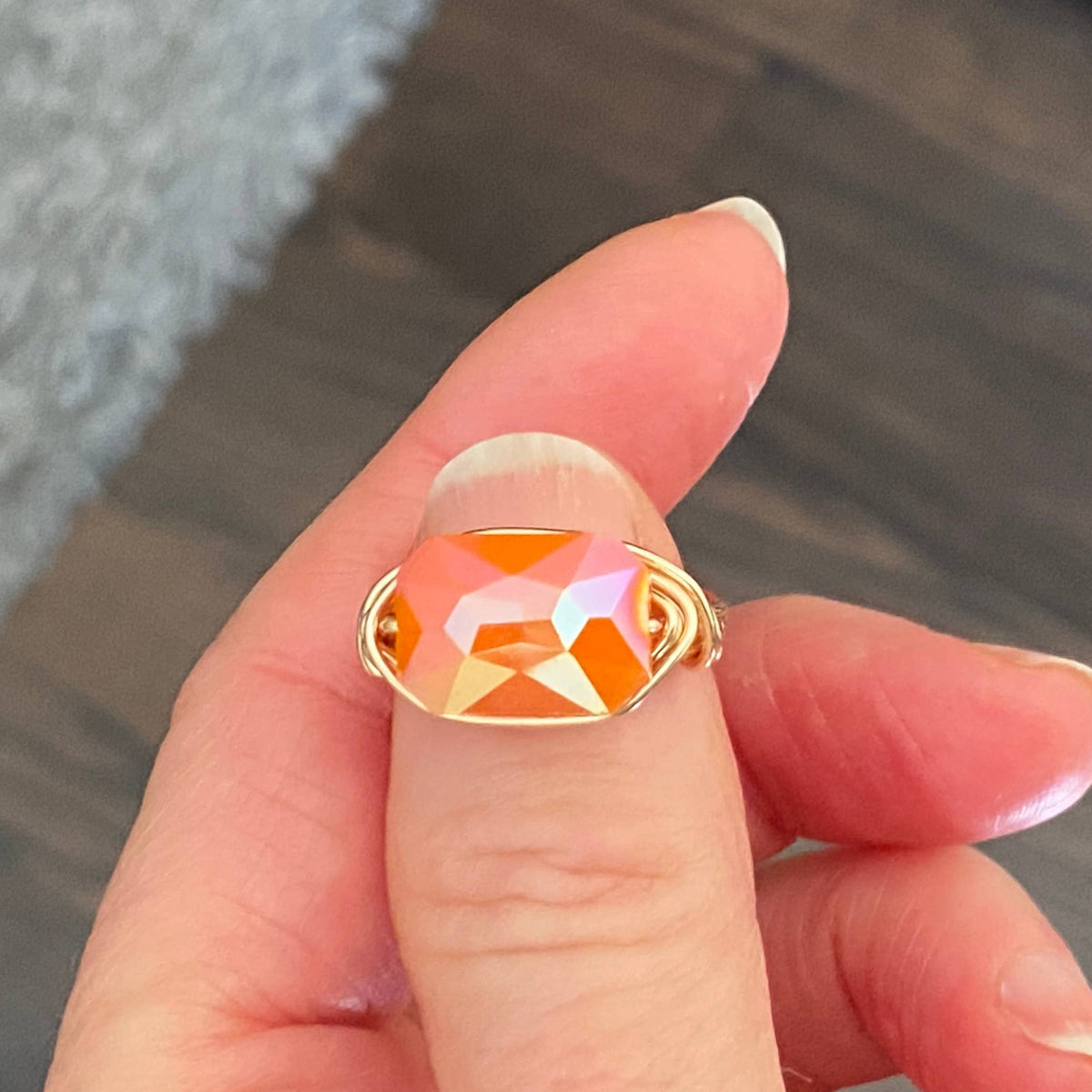 ORANGE - Gold Wire Wrapped Ring Faceted Orange Crystal Statement Ring: Gold