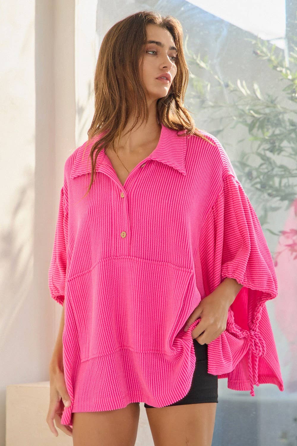 T2195B Oversized Drawstring Tie Sleeves Solid Top: Fuchsia