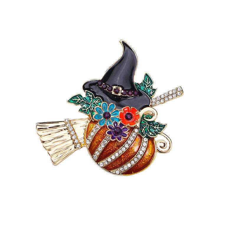 Halloween Pumpkin Witch Floral Playful Rhinestone Brooch
