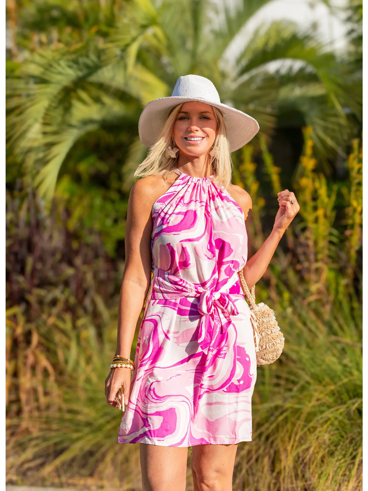 Ava Dress Adjustable Halter Built In Belt Summer: Coral/Blush Kauai