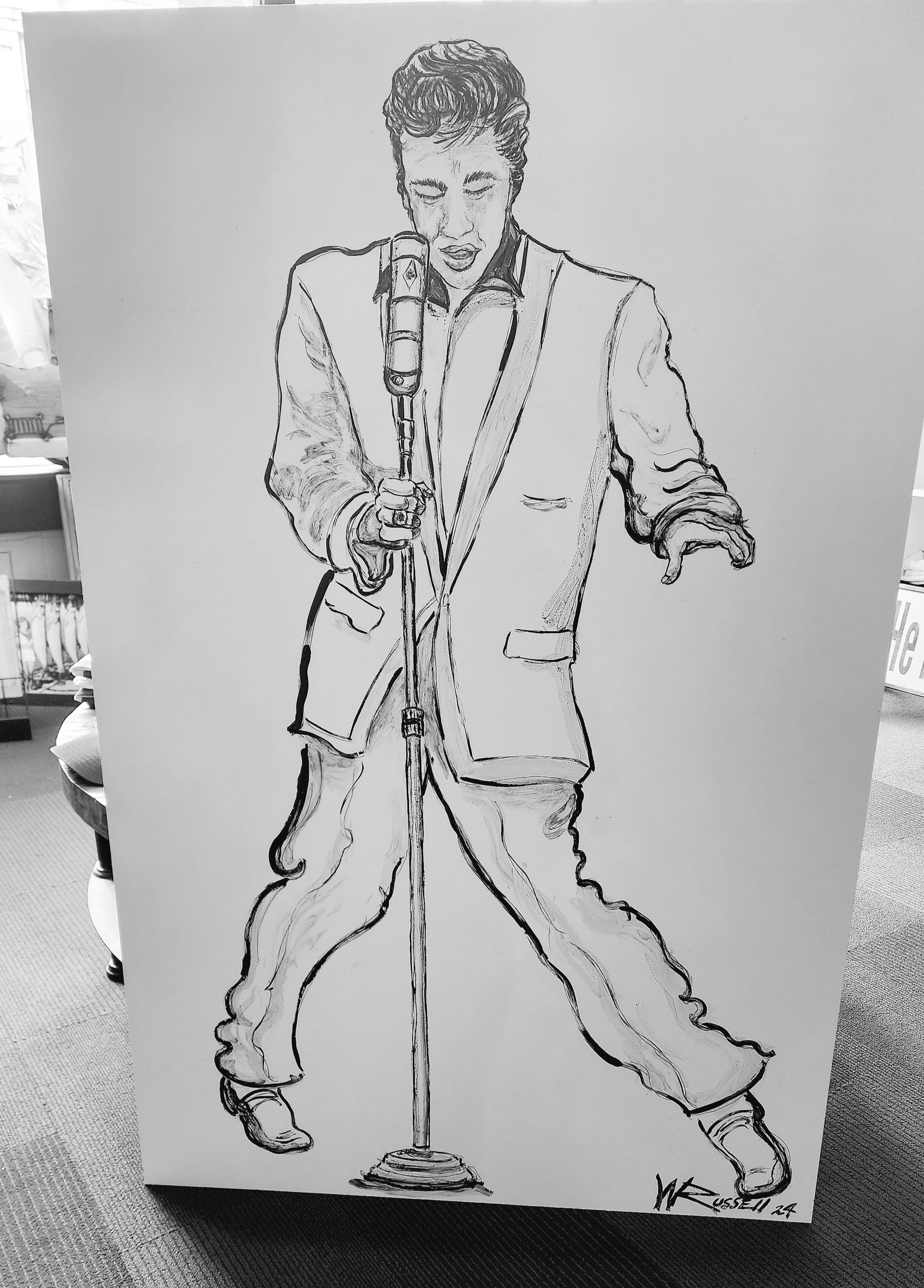 "ELVIS" - BLACK ACRYLIC ON (32" X 48" ) WHITE MASONITE Original by Wayne Russell