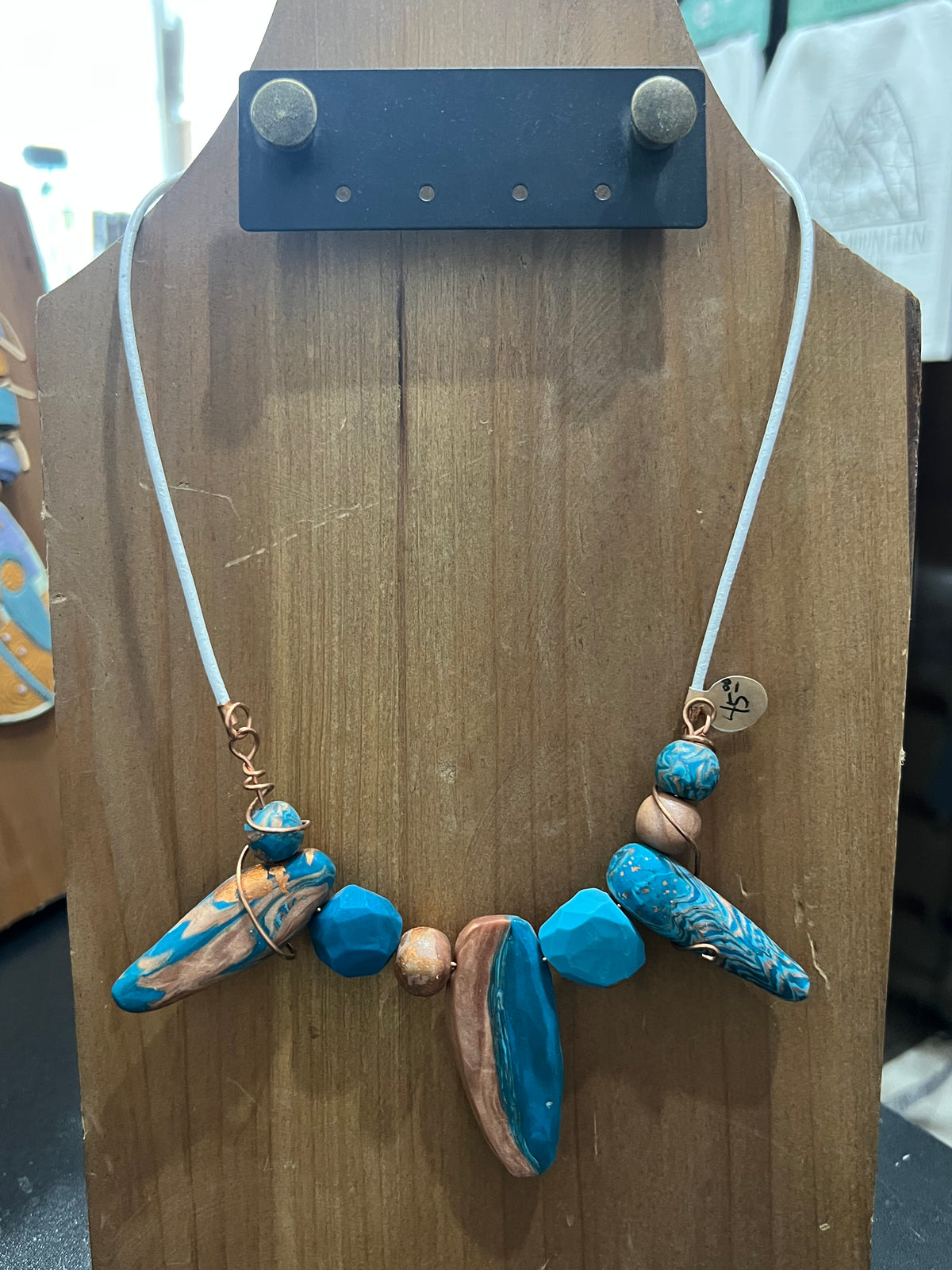Teal and copper"rocks" and orbs necklace ORIGINAL by Kim Cook