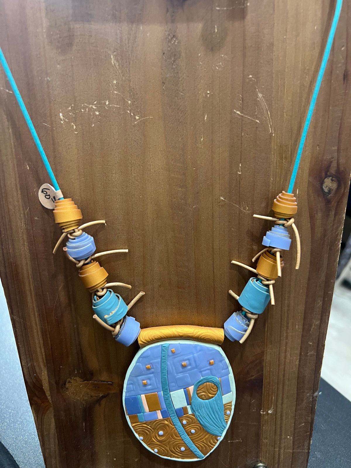 Klimt shield pendant periwinkle teal gold necklace ORIGINAL by Kim Cook