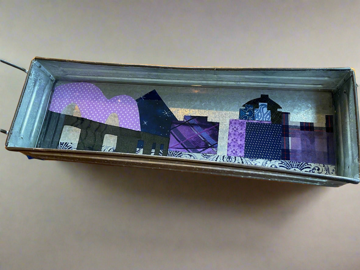 Memphis Skyline Metal Tray Mosaic Bridge with Delf Tile Pyramid 16" X 5": Local Artist AnnaMade Designs