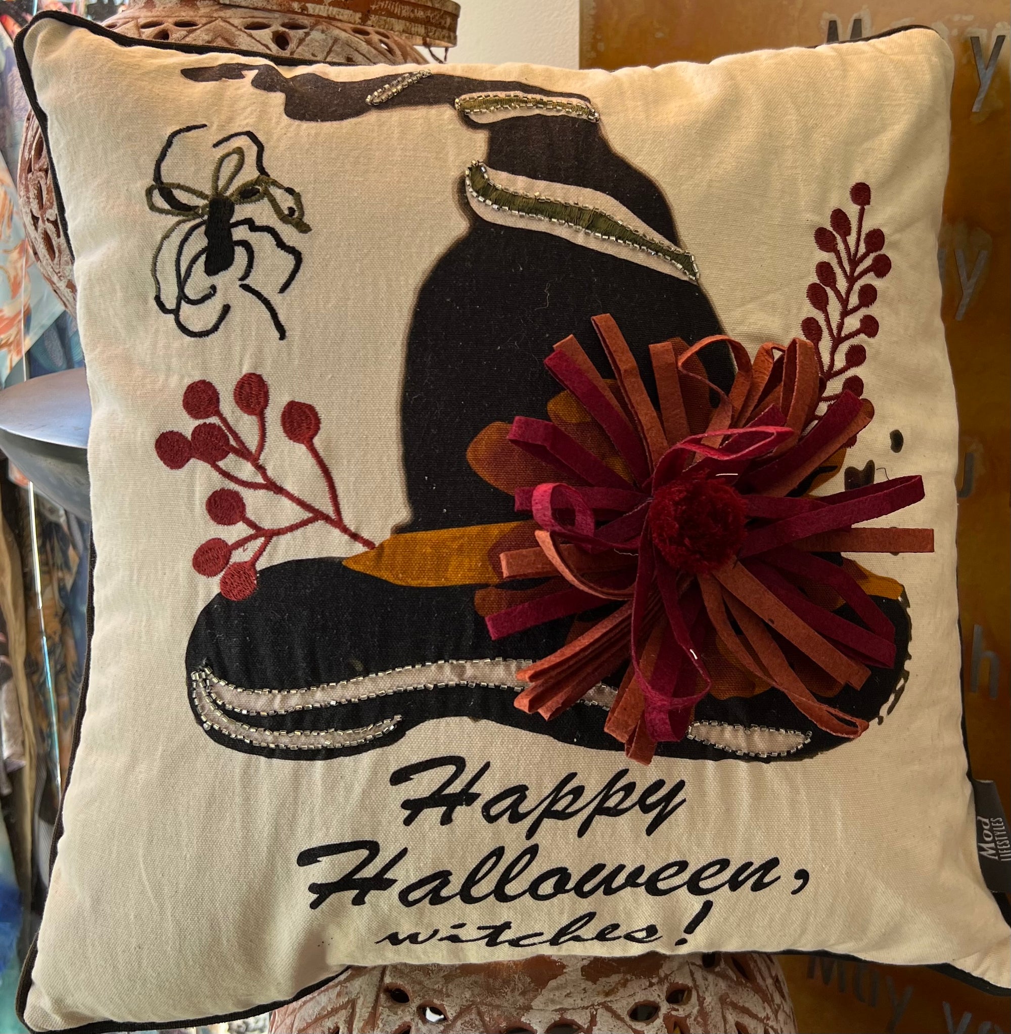 18" Happy Halloween Witches Pillow with Piping