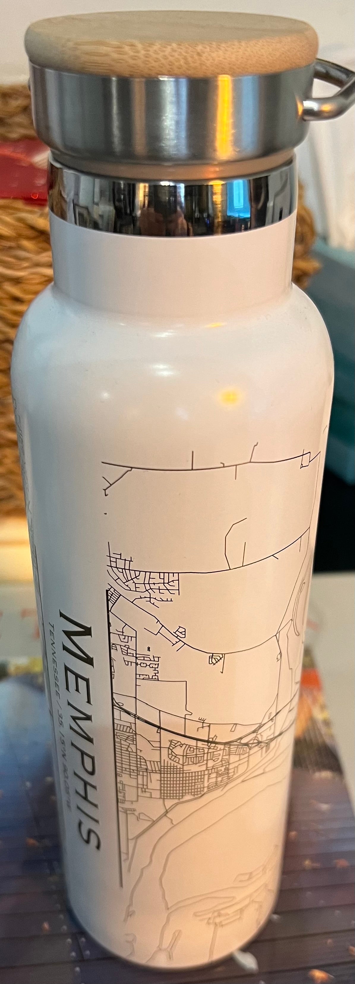 Memphis Map 17oz Insulated Bottle with Bamboo Top - Matte Black/White/Silver