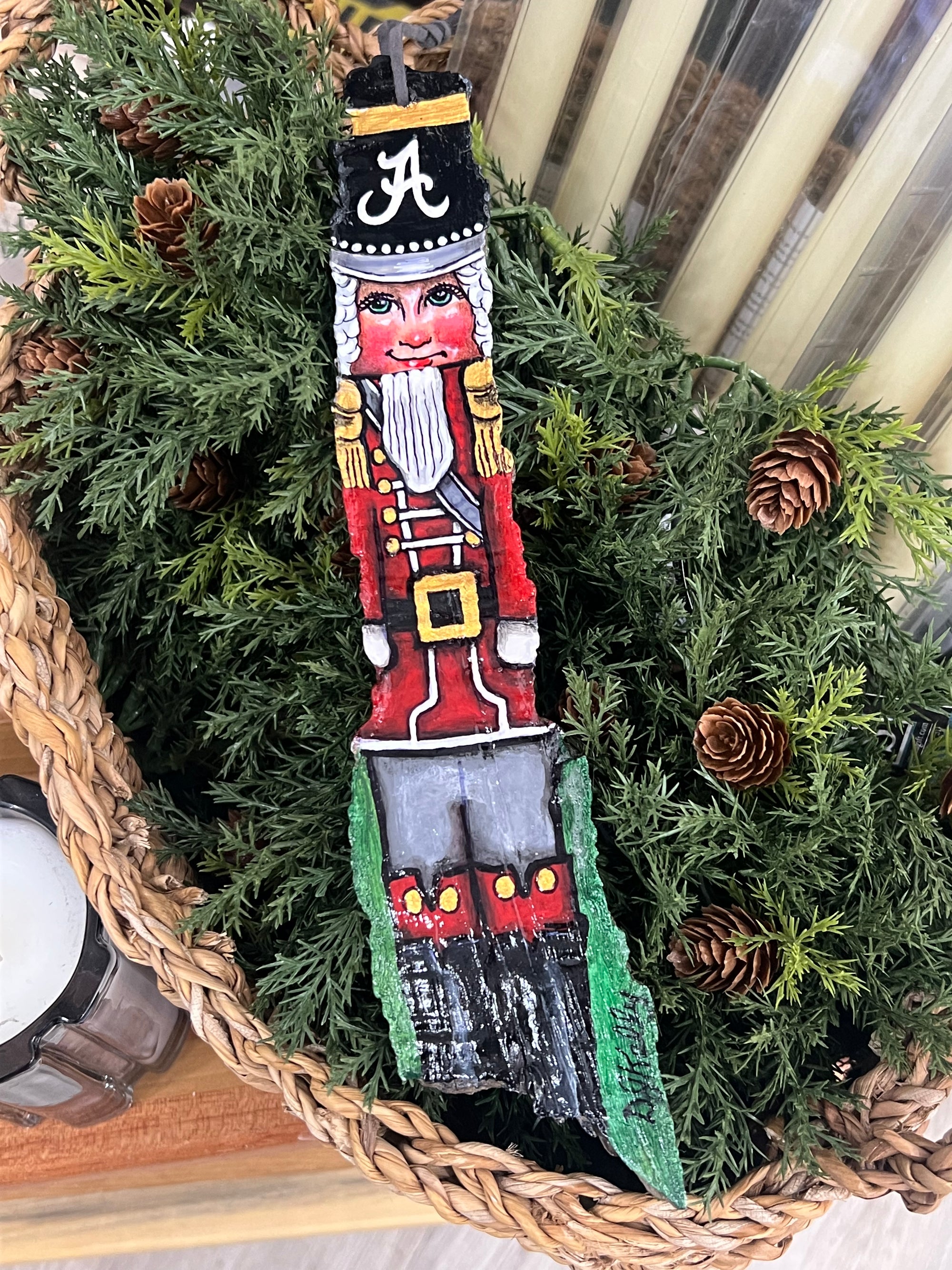 11" Alabama Christmas Nutcracker Ornament, on driftwood from the Mississippi River, hand painted by local Memphian DJ Kelly