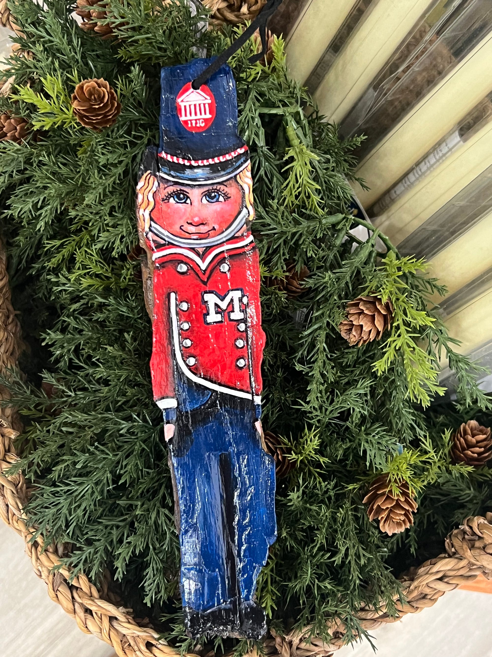 9" Ole Miss Christmas Nutcracker Ornament, on driftwood from the Mississippi River, hand painted by local Memphian DJ Kelly