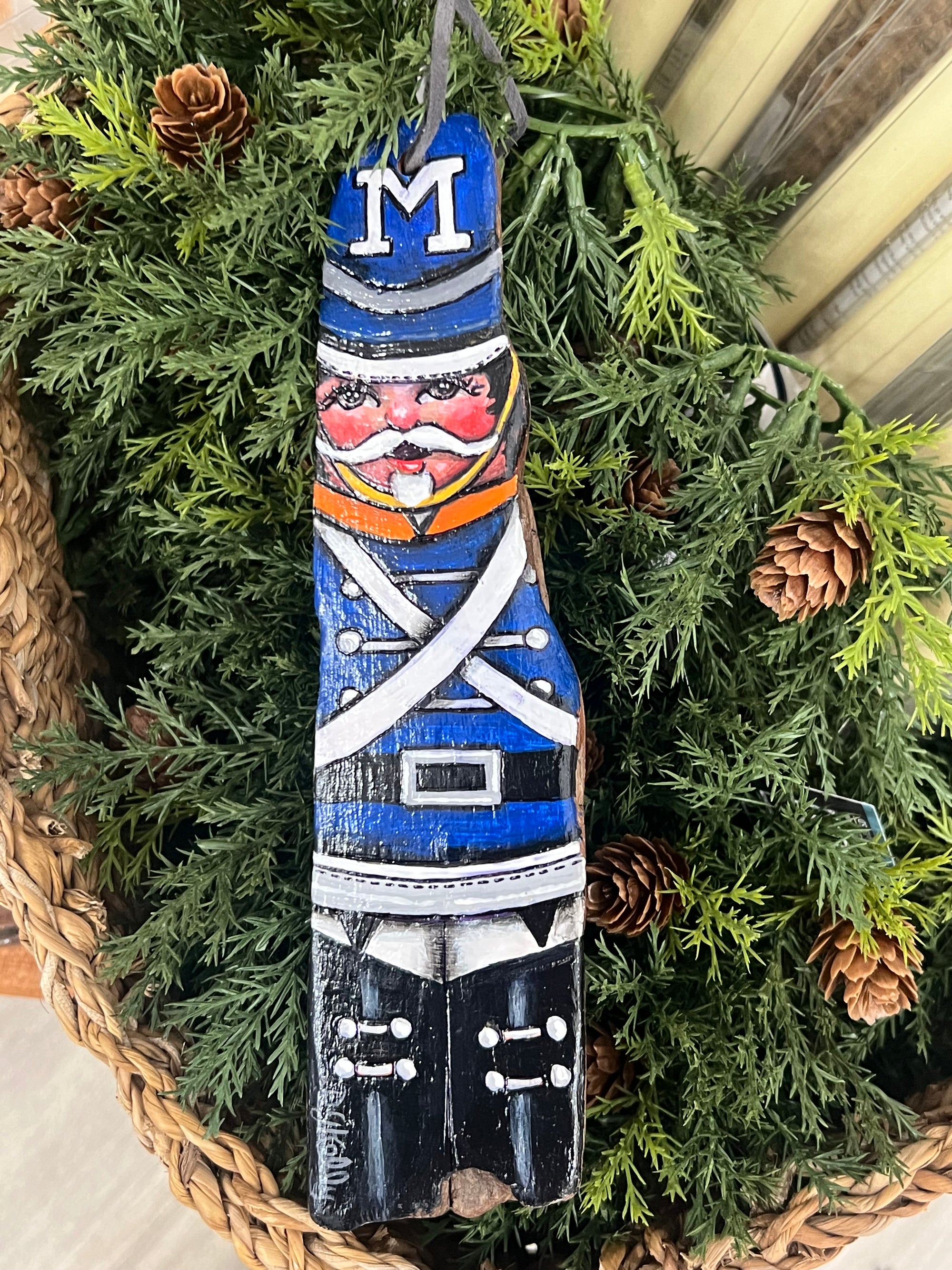 8 1/2" Memphis Tigers Christmas Nutcracker Ornament, on driftwood from the Mississippi River, hand painted by local Memphian DJ Kelly