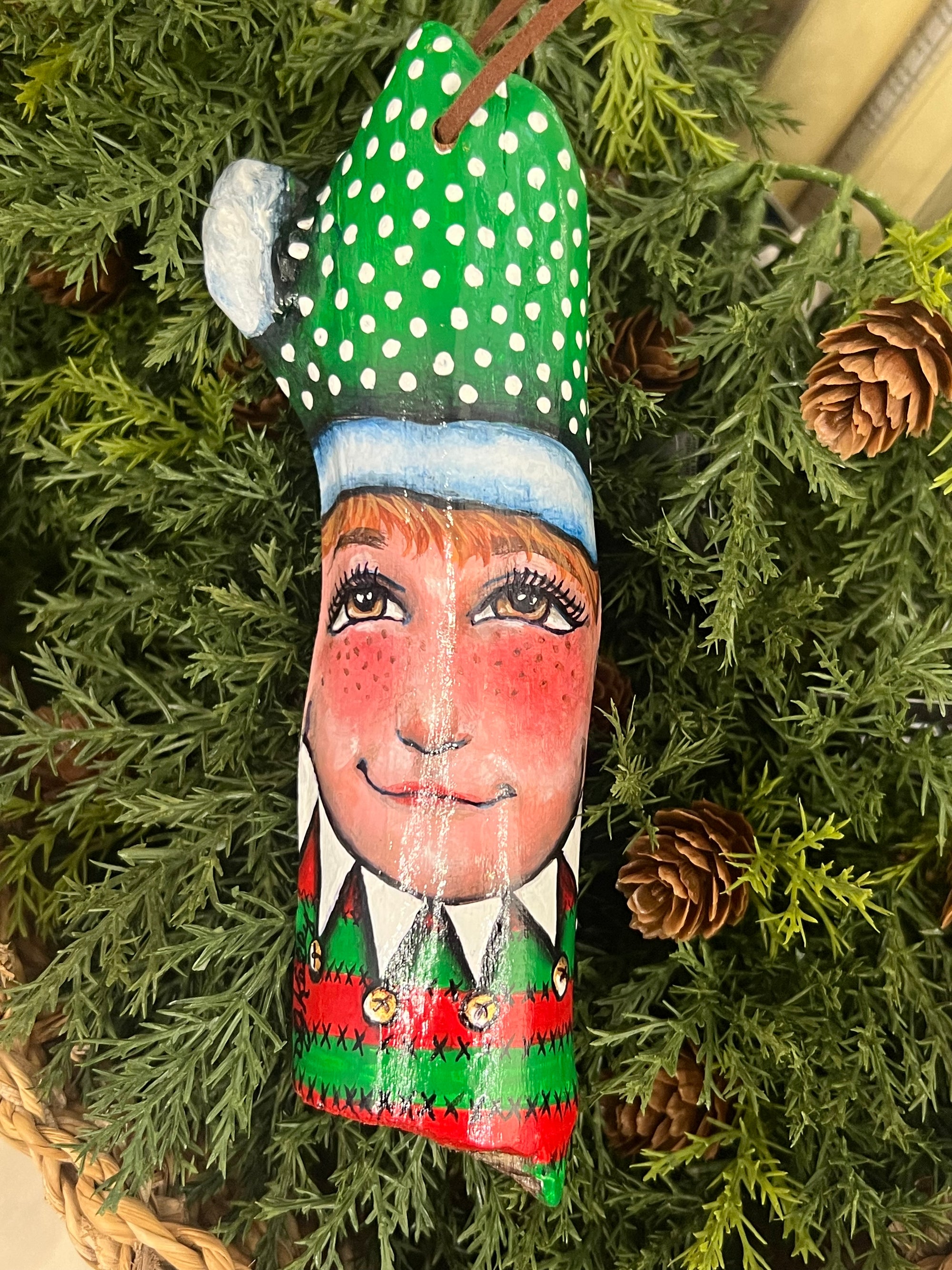 7" Elf Christmas Nutcracker Ornament, on driftwood from the Mississippi River, hand painted by local Memphian DJ Kelly