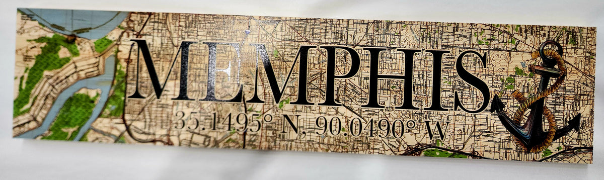 MEMPHIS - 5x24 Inch Wood Map Coordinate Sign