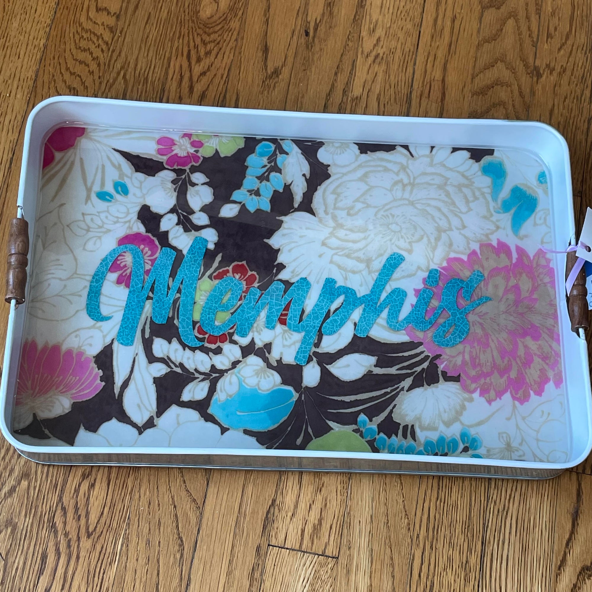 12"x18.5" Memphis white Metal Tray with flowers by Original Fabric artist AnnaMade Designs...Anna Kelly