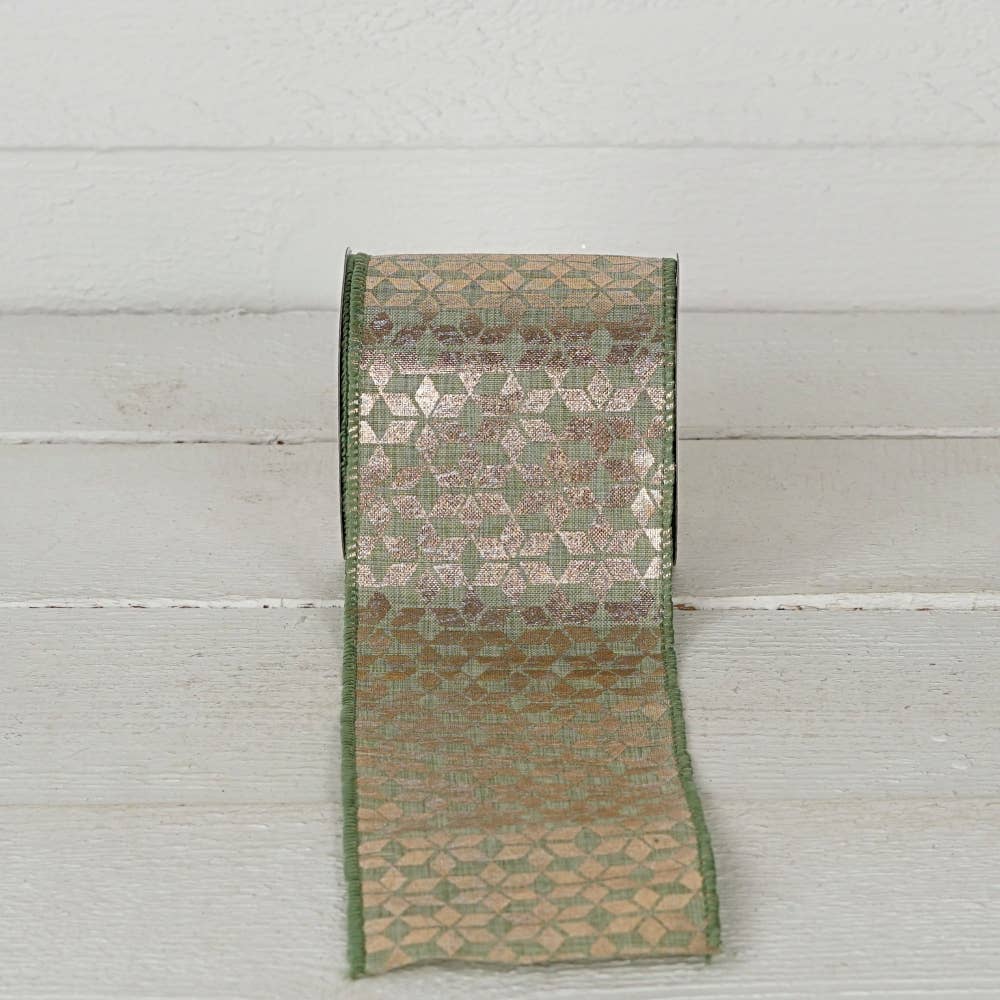 Wired Ribbon-Sage Green w. golden hexagon (4inW)