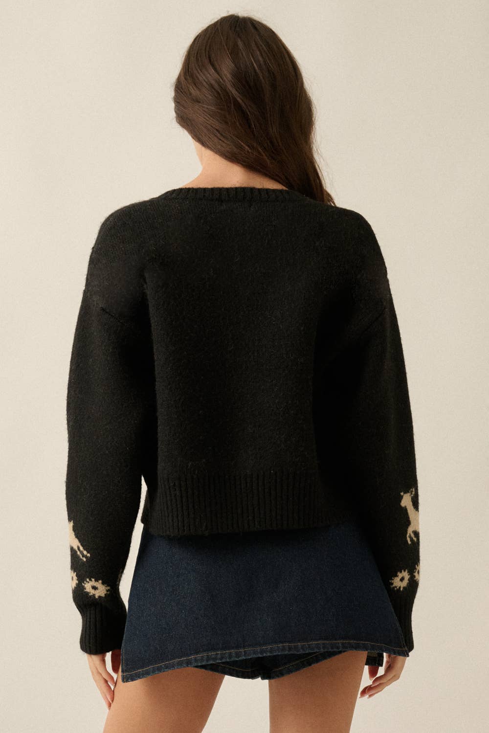 Forest Motif Knit Button-Front Cropped Cardigan Sweater