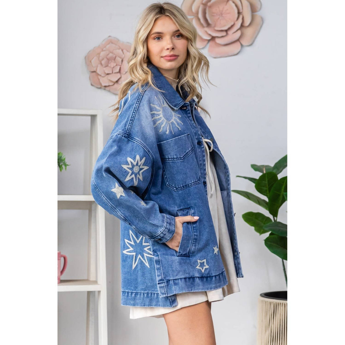 Embroidered Denim Jacket	: Medium Wash