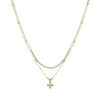 Natural Seed Bead and Gold Beaded Cross 16"-18" Necklace